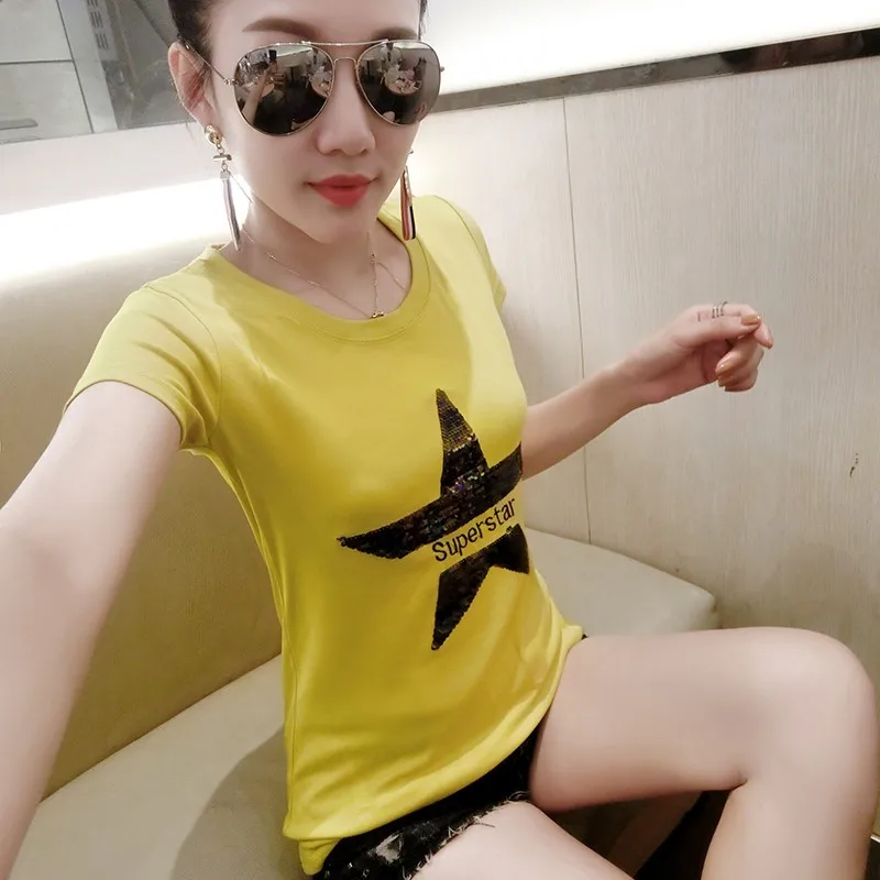 Пуловер женский облегающий с коротким рукавом круглым вырезом со звездами и