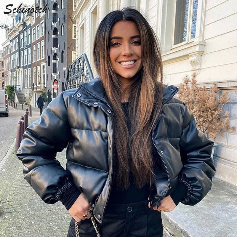Schinotch Women Bomber PU Jacket Fashion Padded Elastic Hem Jacket Thick Winter Warm Puffer Coat Outwear Ladies Clothes