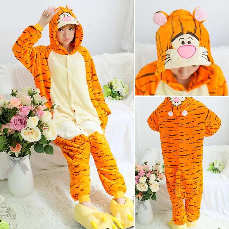 Jumping Tiger FL Пижамы для взрослых, Женские Фланелевые пижамы, кигуруми, единорог, Ститч, тигр, Тоторо, Мультяшные животные, пижамные комплекты, пижамы с капюшоном - Цвет: Jumping Tiger FL