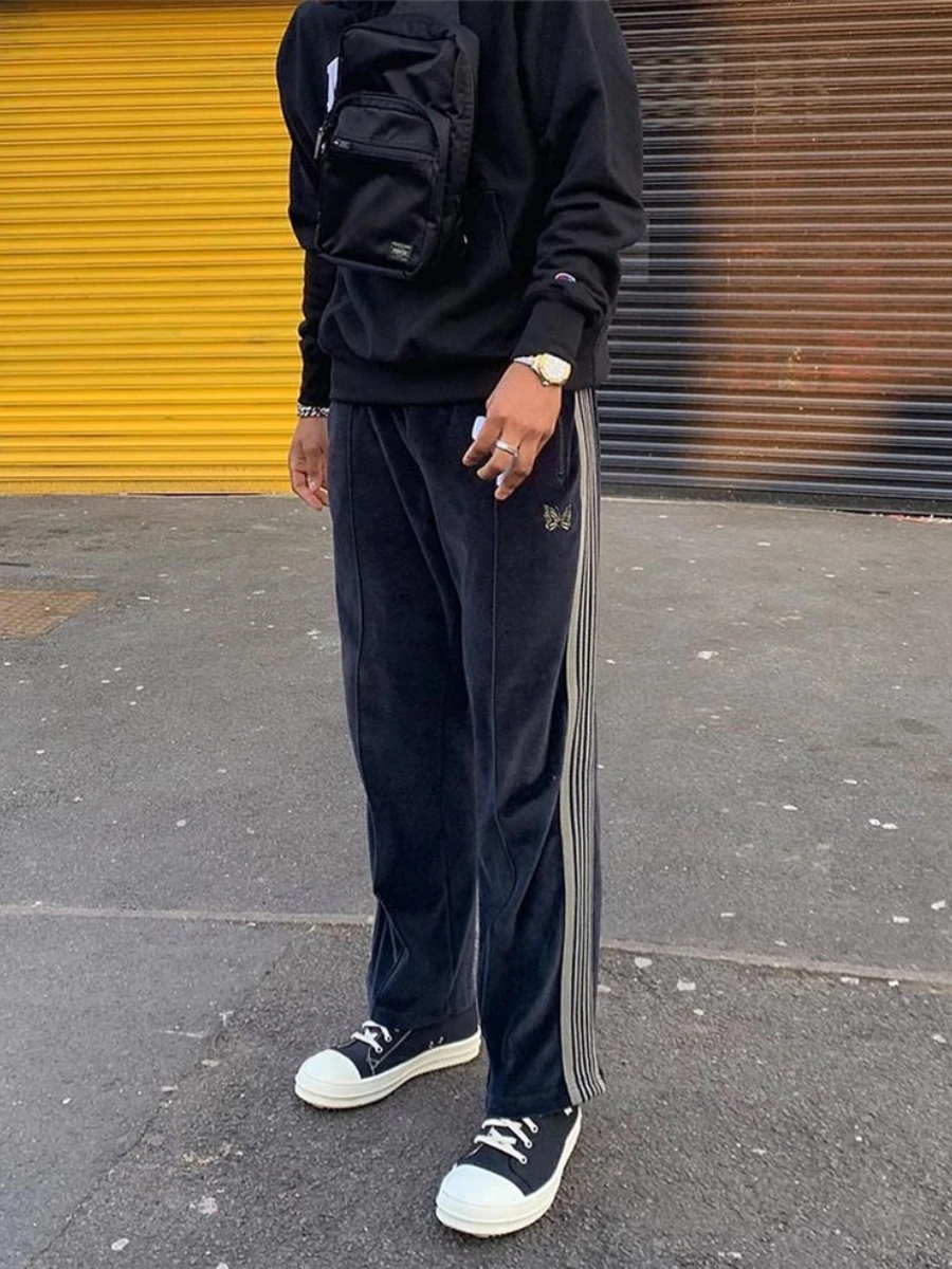 

and Black Blue Velvet Classic Butterfly Embroidery High Street Men and Women Same Style Straight Sports Casual Trousers