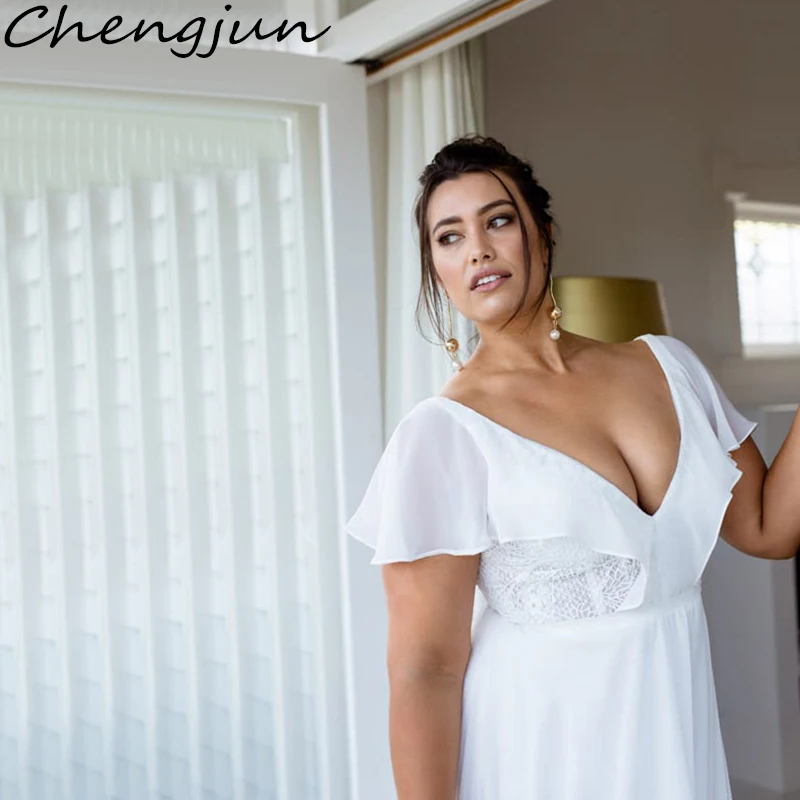Белые шифоновые Свадебные платья Chengjun простые пляжные большого размера с