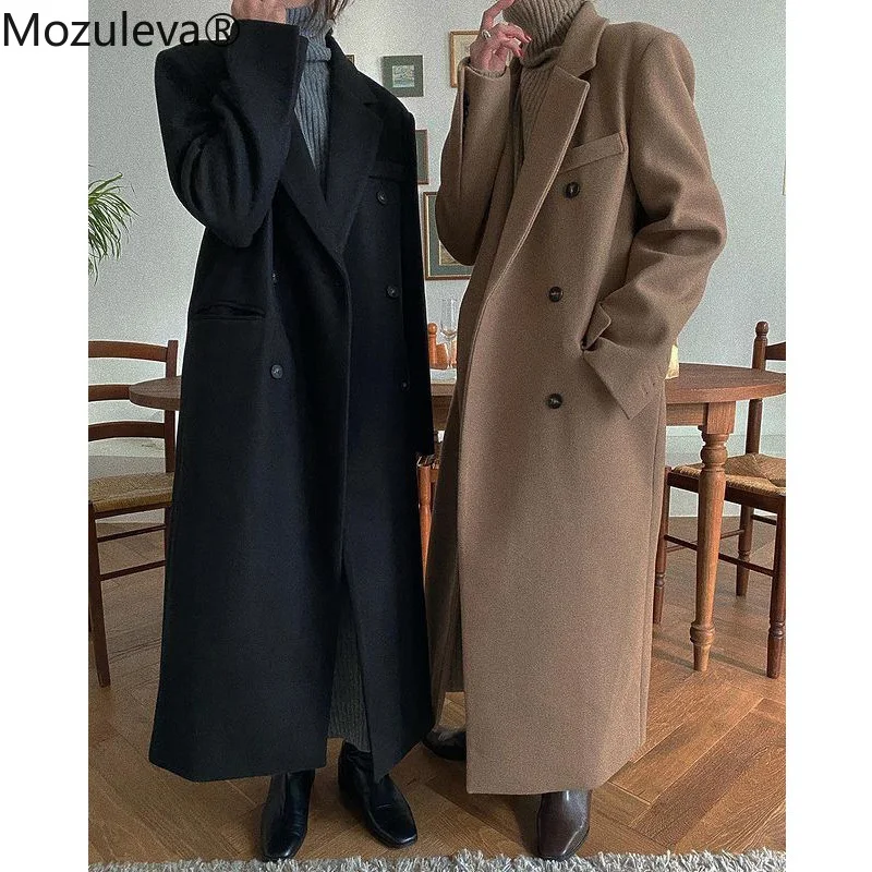 

Mozuleva Retro Loose Double-breasted Women Long Overcoats 2022 Autumn Winter Warm Full Sleeve Notched Collar Female Woolen Coats