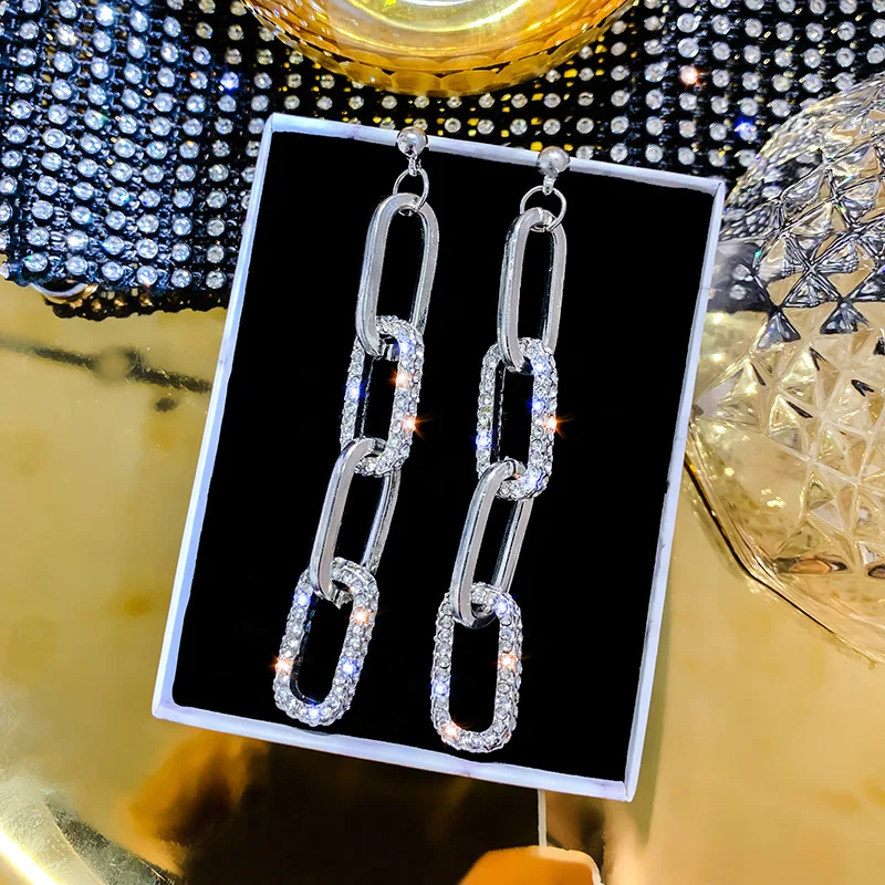 

European And American Fashion Exaggerated Temperament Advanced Sense Geometric Rectangular Diamond Inlaid Long Earrings