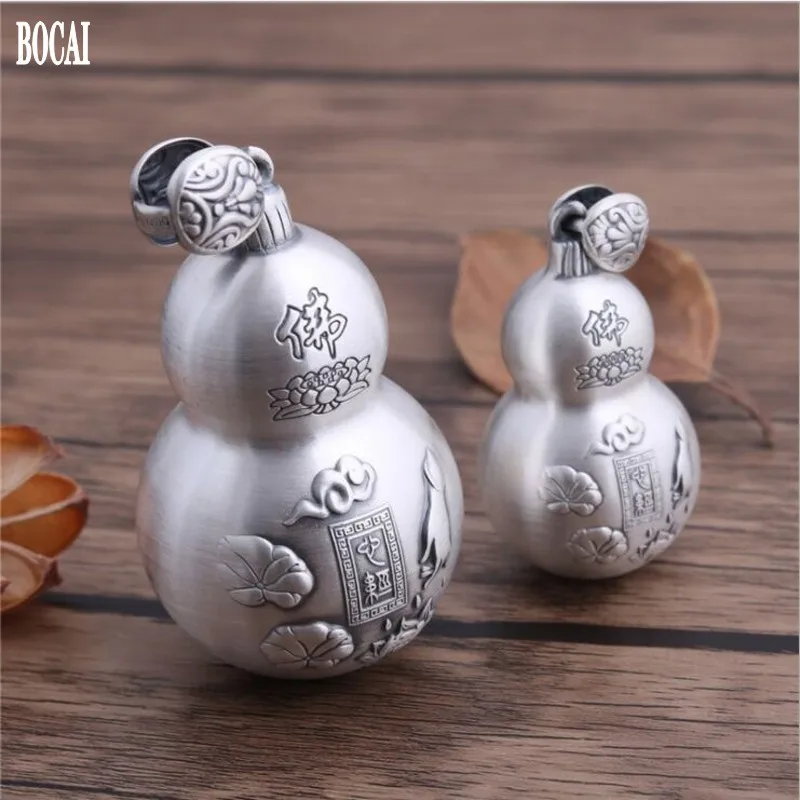 

2020 BOCAI real s999 pure silver pendant gourd bergamot lotus art tag male and female Fortune Luck Pendant of Evil Heart Sutra