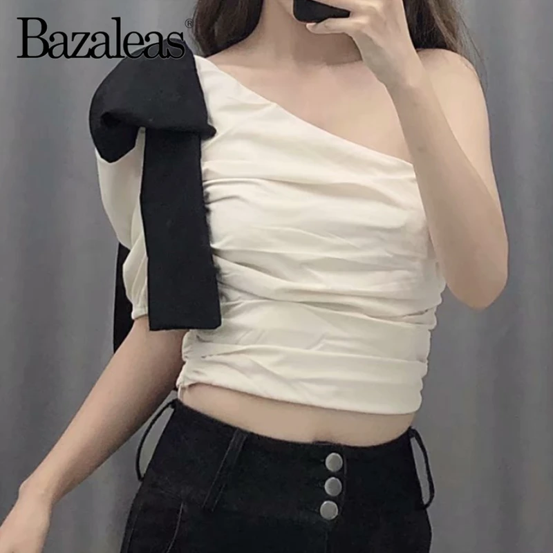 Bazaleas сексуальный черный бандаж лук обрезанный камзол шик крем рюшами кроп Топы
