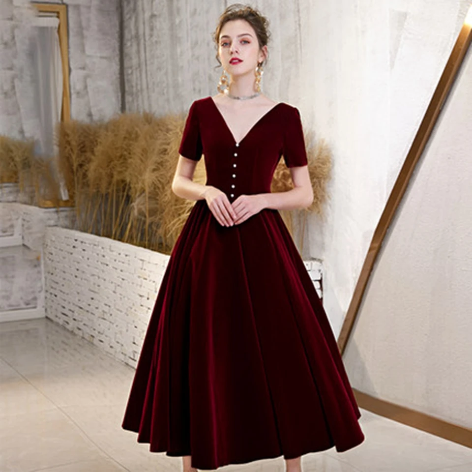 Бордовые вечерние платья 2021 велюровые женские с коротким рукавом для выпускного