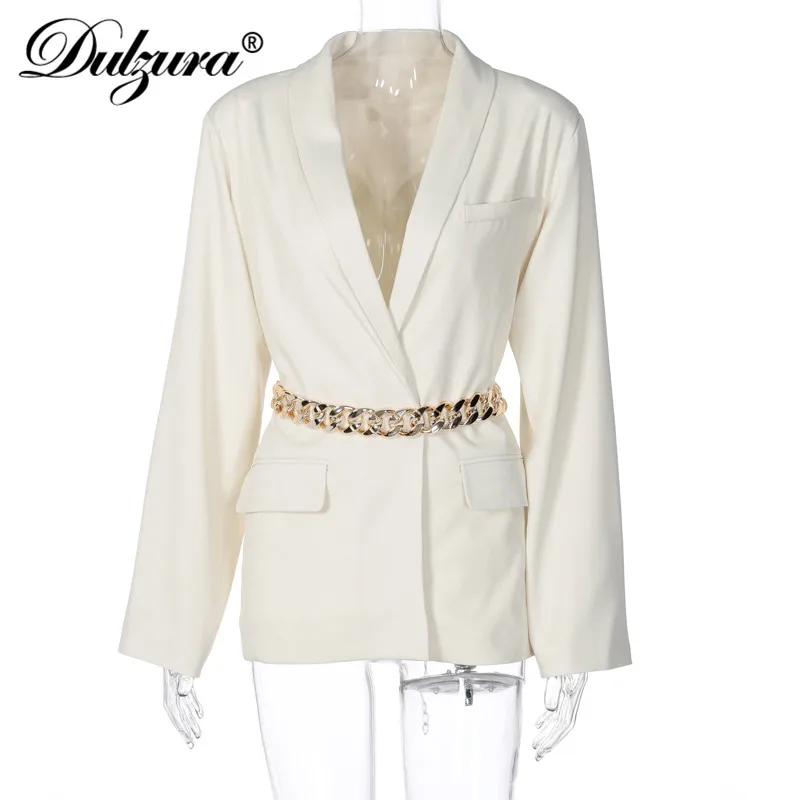 

Dulzura Solid Women Blazer Buttons Long Coat Outwear Pocket Office Ol Streetwear 2020 Autumn Winter Jacket Oversized Chain Belt