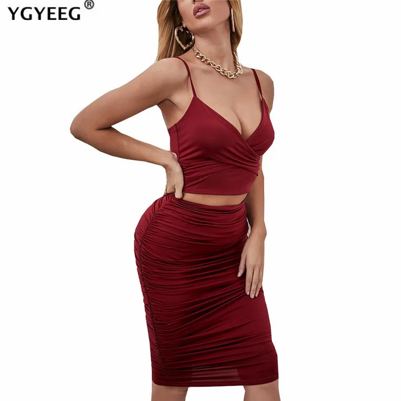 

YGYEEG Women Two Pieces Spaghetti Strap Crop Top Bodycon Skirt Fashion Outfits Solid Sexy 2pcs High Waist Female Party Club Sets