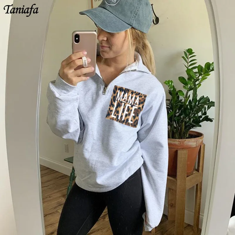 

Autumn Winter Leopard MAM LIFE Printed Zipper Sweatshirts Women Funny Long Sleeve Pullovers Kawaii Tops Sports HoodiesSweatshirt