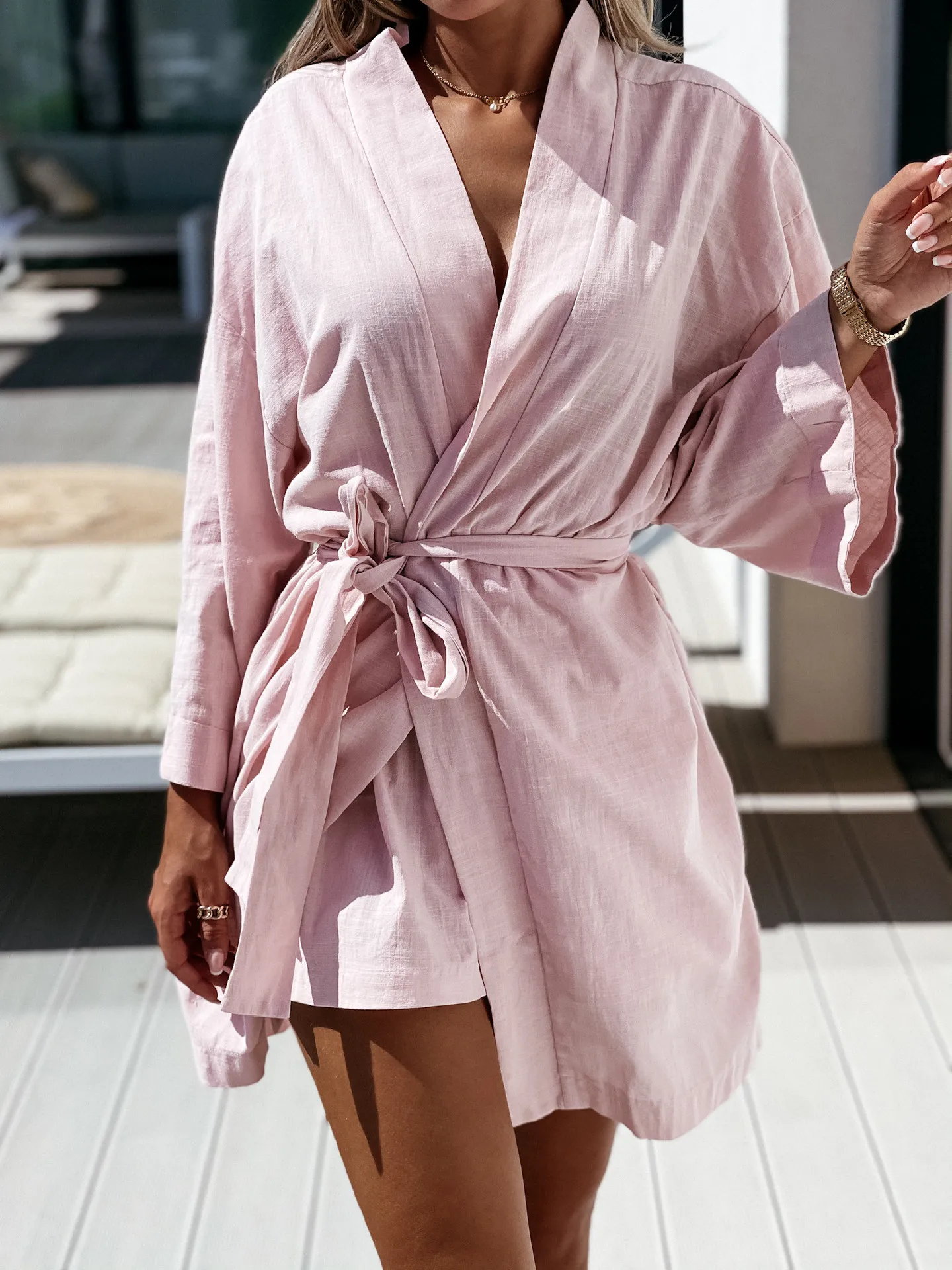 

Women Bohemia Autumn Long Sleeve Mini Dress Lady Loose Solid Beach Cardigan Lady Dress Casual Flare Sleeves Beachwear Dress Robe