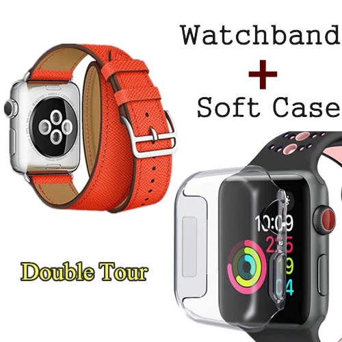 Herm логотип на застежке Свифт кожаный двойной один тур часы ремешок для Apple Watch серии 5 4 3 44 мм 40 мм браслет для iWatch - Цвет ремешка: Feu Epsom
