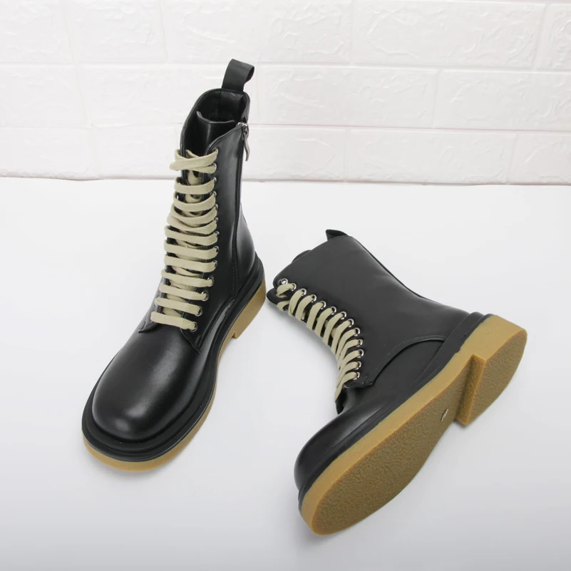 

Meotina Mid Calf Boots Women Shoes Zipper Platform Mid Heel Motorcycle Boots Cross Tied Chunky Heels Lady Boots Autumn Winter 43