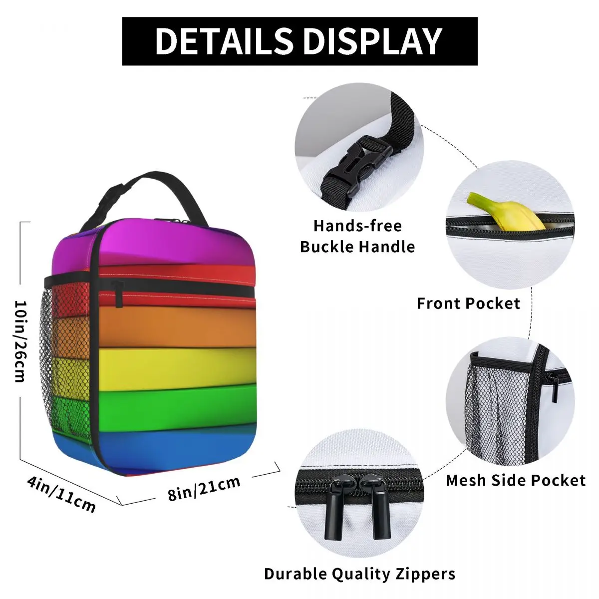 

Rainbow Coloured Panels Lunch Bag for Women Men Large Insulated Lunch Box with Water Bottle Holder and Pockets