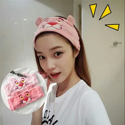 

Korean Cute Cartoon Pink Panther Embroidered Headband Wash Makeup Hair band Elastic Cat Ear Turband Hair Accessories Headwear