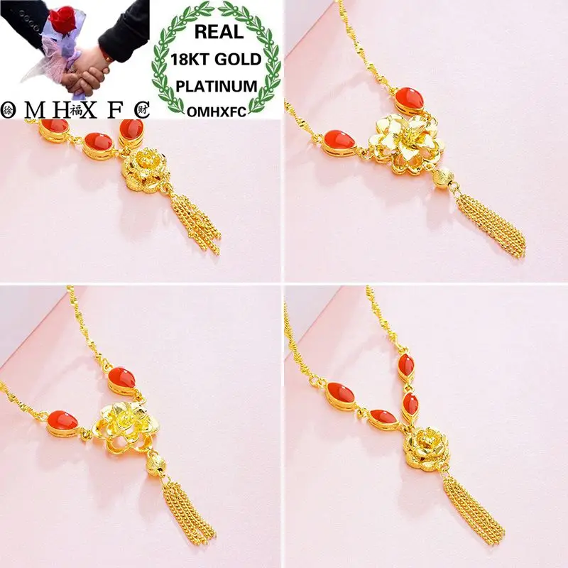 

MHXFC Wholesale European Fashion Woman Female Party Wedding Gift Green Red Flowers Tassel Real 18KT Gold Pendant Necklace NL133