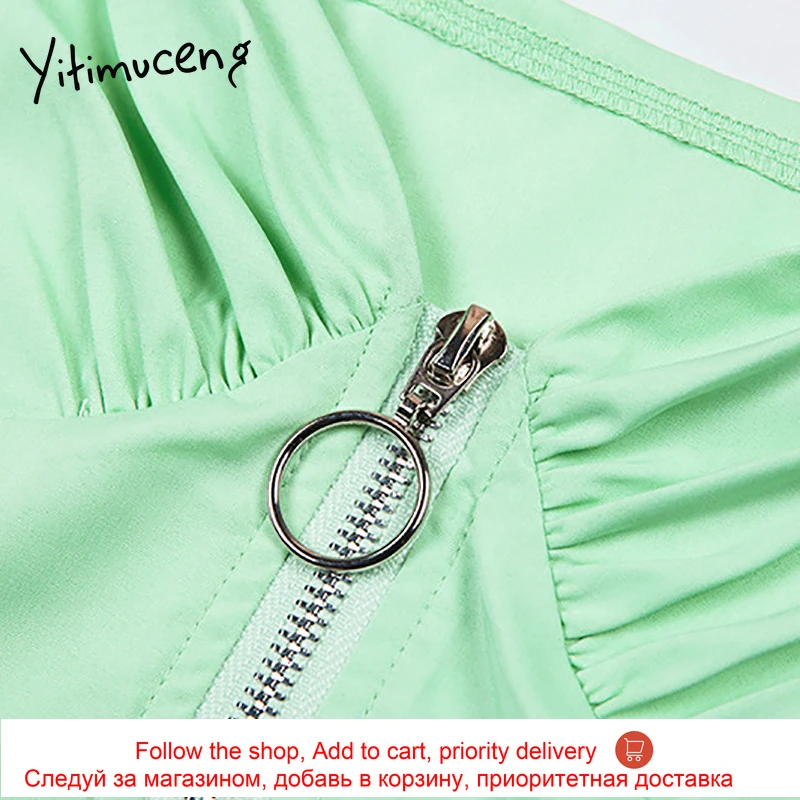 

Yitimuceng Green Petal Sleeve Women Tshirts Zipper Crop Tops 2021 Summer Fashion New Sexy Streetwear White Short Sleeve Clothes