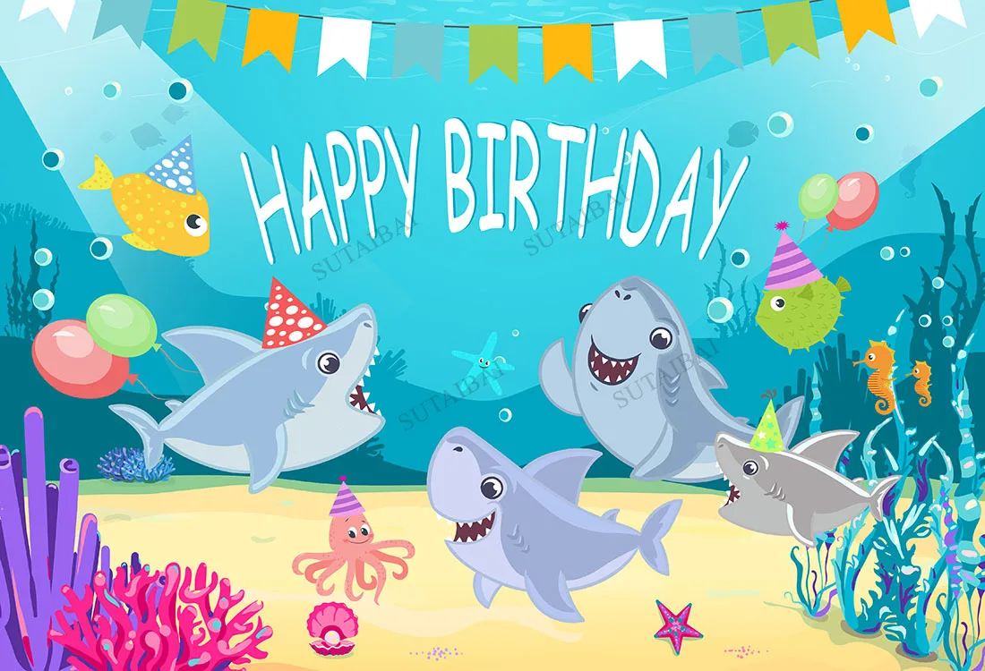 

Kids 1st Birthday Theme Backdrop for Photography Shark Background Baby Shower Party Decoration Supplies Photo Shoot Banner Prop