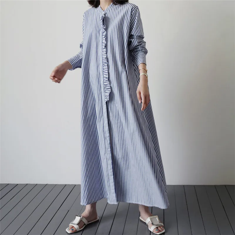 

Johnature 2021 Autumn New Striped Loose Shirt Dresses Women Casual Korean O-neck Full Sleeve Ruffles Button Female Dress