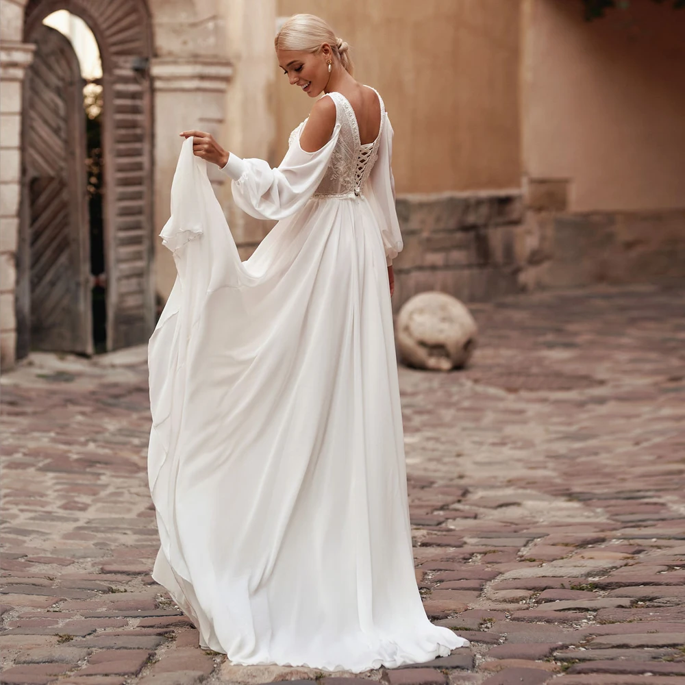 

Vestidos Charming Wedding Dresses Chiffon Appliques Pleat V-Neck Full Sleeve Lace Up A-Line Bridal Gowns 2021