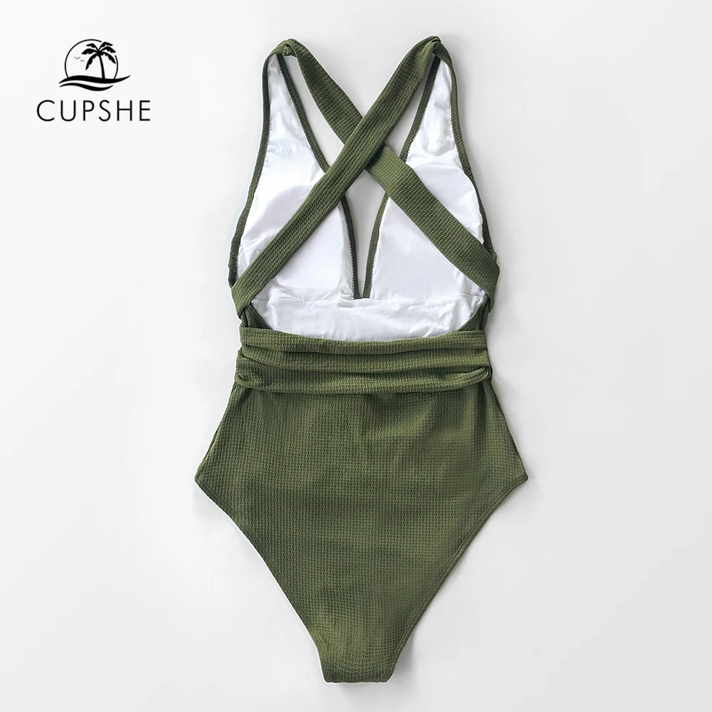 CUPSHE Olive Textured One-Piece Swimsuit Women Sexy V-neck Lace Up Backless Monokini 2020 Girls Beach Bathing Suit Swimwear | Спорт и