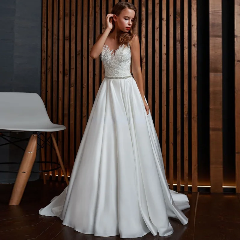 

Elegant Satin A-Line Wedding Dresses 2021 Beading Vestido De Noiva Sleeveless Lace Appliques Long Bridal Gowns Robe De Mariee