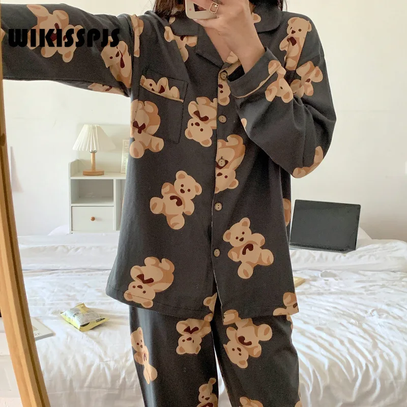

WIKISSPJS 2022 Spring Autumn Korean Pajamas Women Long Sleeved Trousers Bear Cute Home Clothes Set Bedroom Set Loungewear Pjs