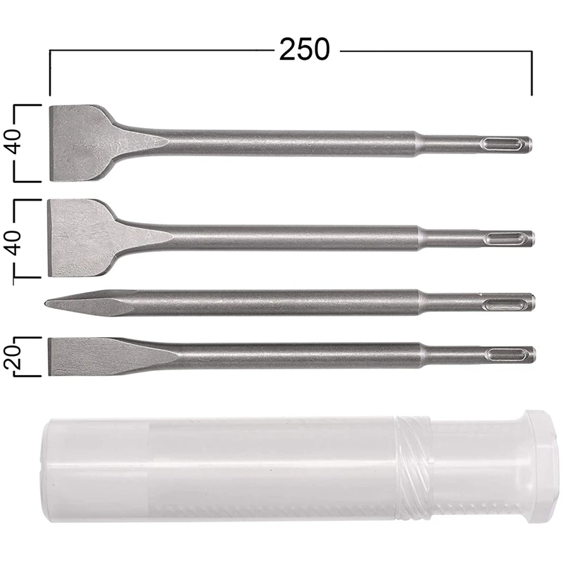 

4-Piece Round Shank Chisel Set with Pointed Flat Impact Drill Bits for Concrete Wall Grooves with Tile Chisels
