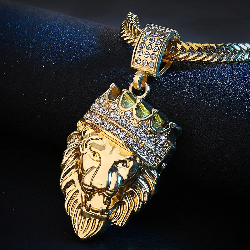 

Sitaicery Mens Full Iced Rhinestone An crown Lion Tag necklaces pendants Hip hop Cuban Chain Hip Hop Necklace Gold Jewelry Male