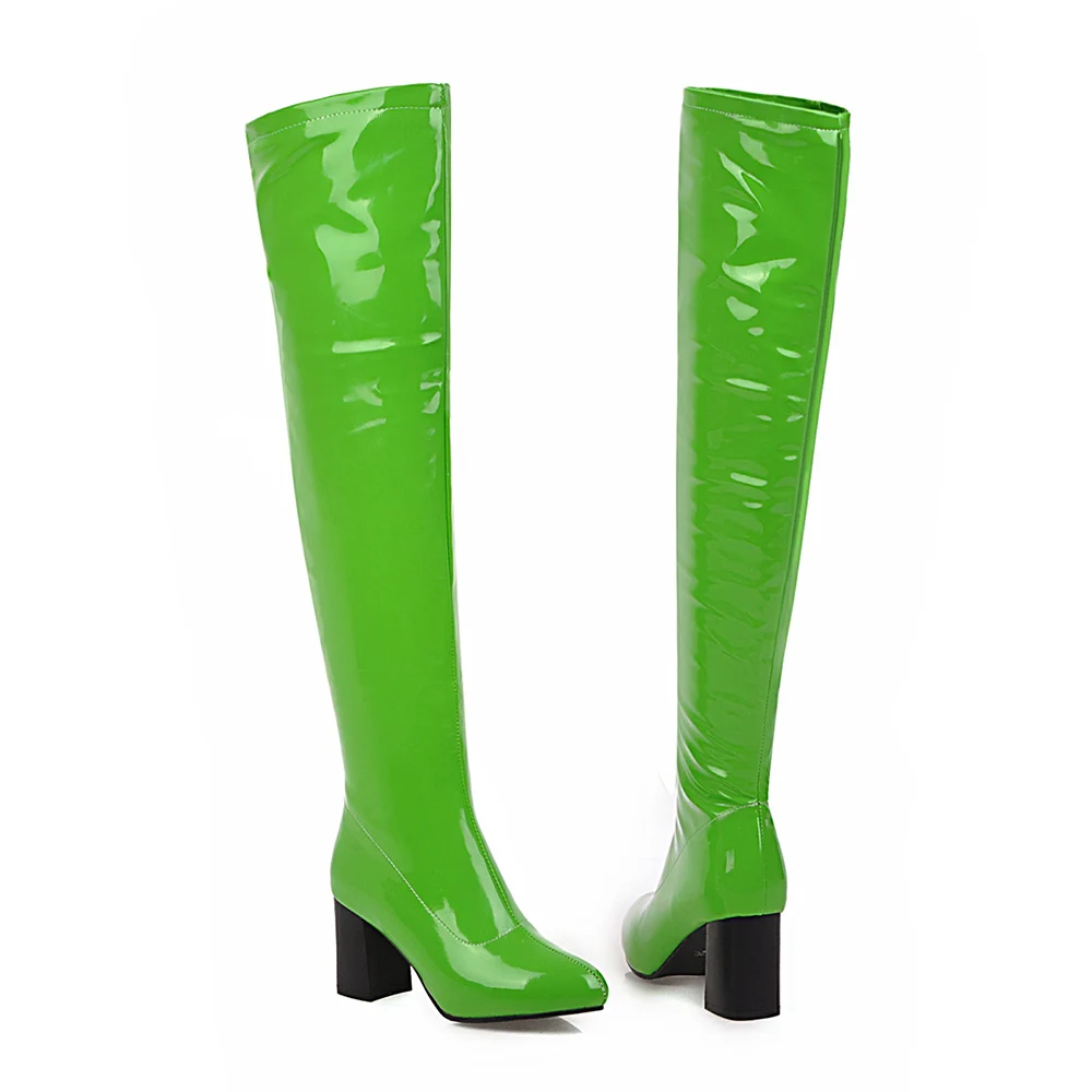 Green Thick Lining Г., новые женские зимние блестящие сапоги до бедра черного и белого цвета женская обувь на высоком каблуке ES756, большие размеры 10, 43, 45, 48 - Цвет: Green Thick Lining