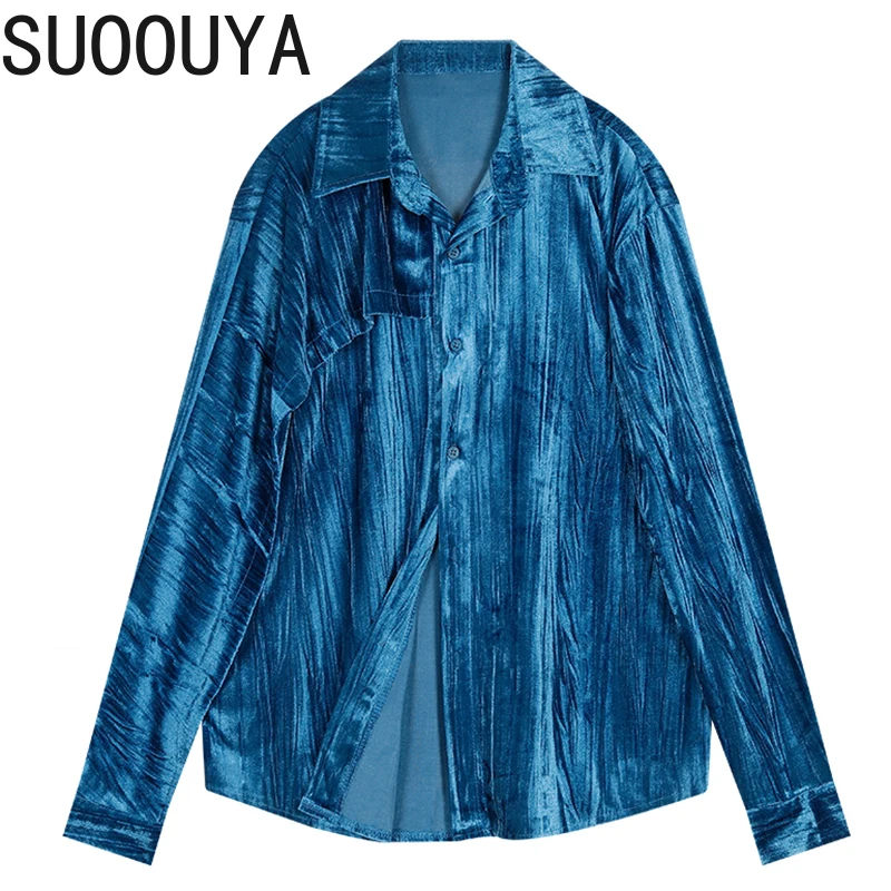 

[SUOOUYA] Women New Lapel Long Sleeve Big Size Velvet Blue Leisure Blouse Loose Fit Shirt Fashion Tide Spring Autumn Tops 2021