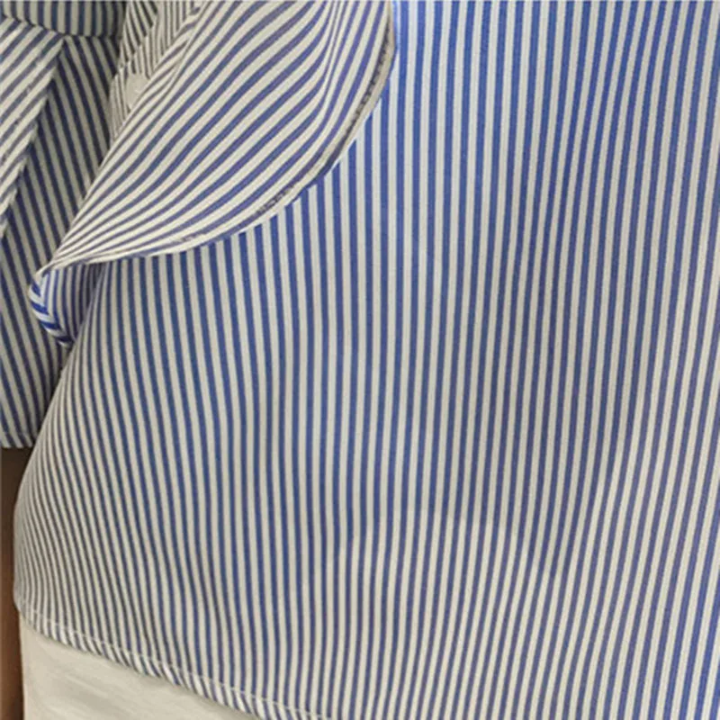 Новые модные женские полосатые рубашки с расклешенным рукавом Блузка топы и