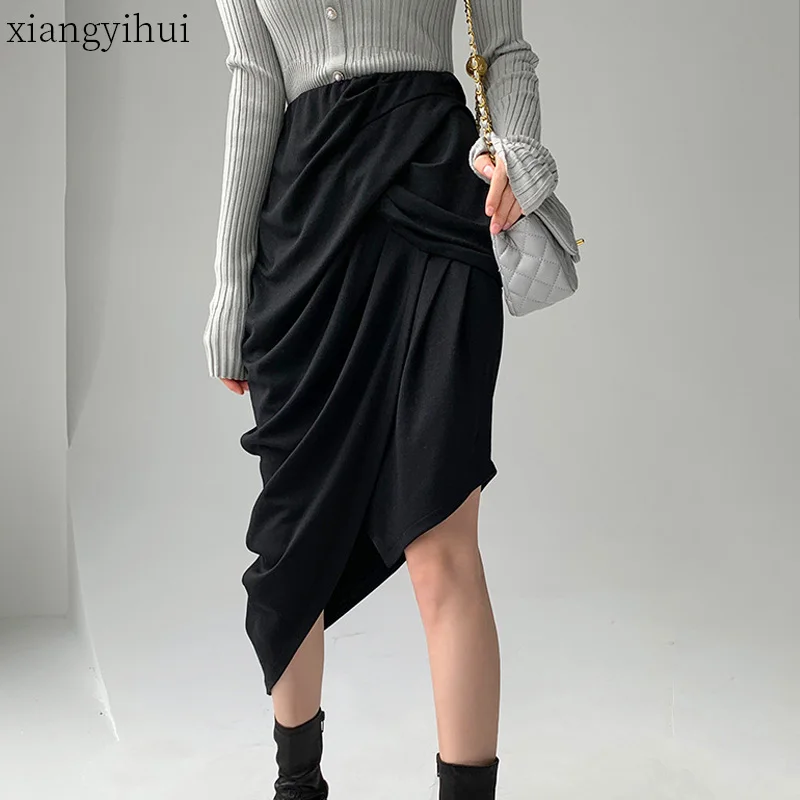 

Черная элегантная Асимметричная юбка, женская зимняя юбка средней длины с высокой талией и рюшами, женская одежда 2021
