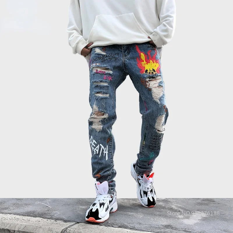 Ajoc Jeans Men Flame Letter Print Graffiti Denim Pants Men Broken Hole Trousers Punk Cool Jean High Street Casual Streetwear