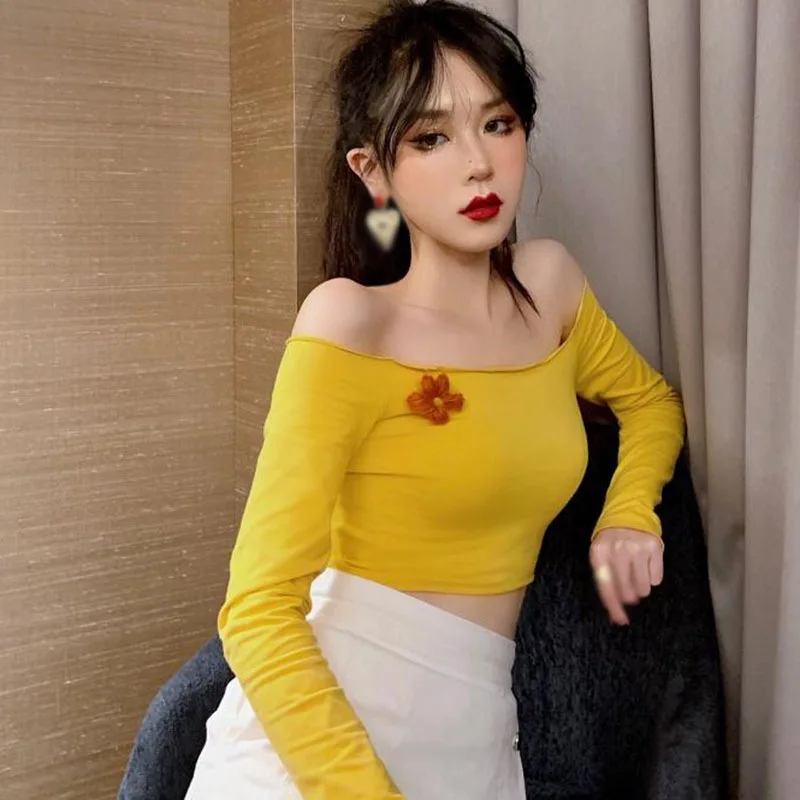 

Korean Sexy Women's Tshirt Slash Neck Slim Tee Tops T Shirt Navel Yellow Camiseta One Size New In Early Autumn