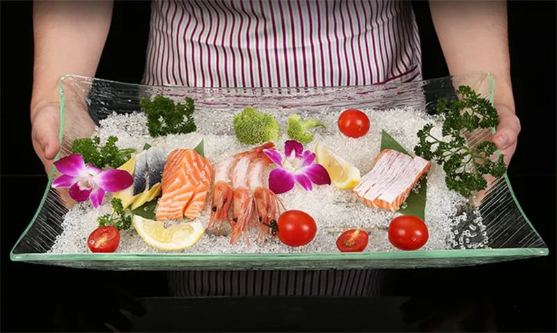 Акриловая прямоугольная прозрачная тарелка для сашими рыбками поднос льда