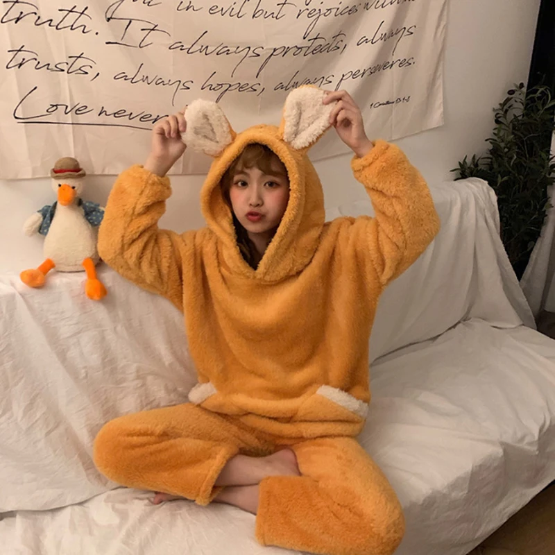 Осень Зима Женская домашняя одежда костюм толстый теплый коралловый фланелевая