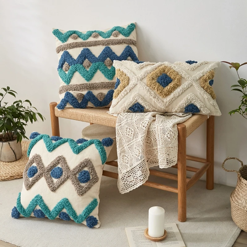

Moroccan Textured Boho Cushion Cover Multicolor Striped Rhombus Patterns Woven Tufted Decorative Throw Pillow Case for Sofa Bed