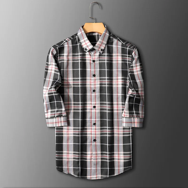

2021 summer new Plaid Shirt Men's handsome light luxury 7 / 4 sleeve casual men's shirt trend medium sleeve shirt