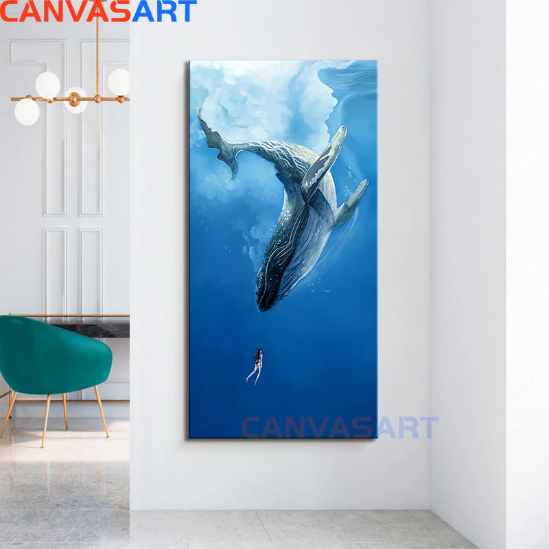 Картина на холсте с голубым морским Китом и русалочкой Настенная картина для