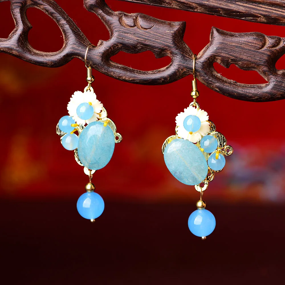 Серьги подвески с нефритовыми цветами халцедон синий агатовый амулет модные