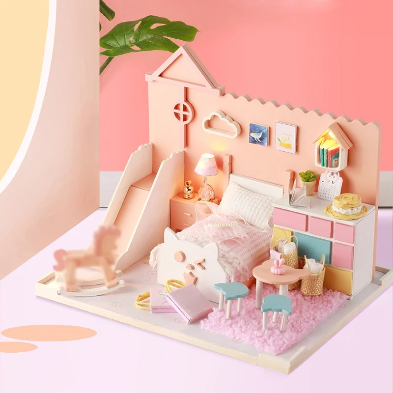 

Diy dollhouse kit with cover Diy cottage villa handmade small house model assembly creative birthday gift boys and girls