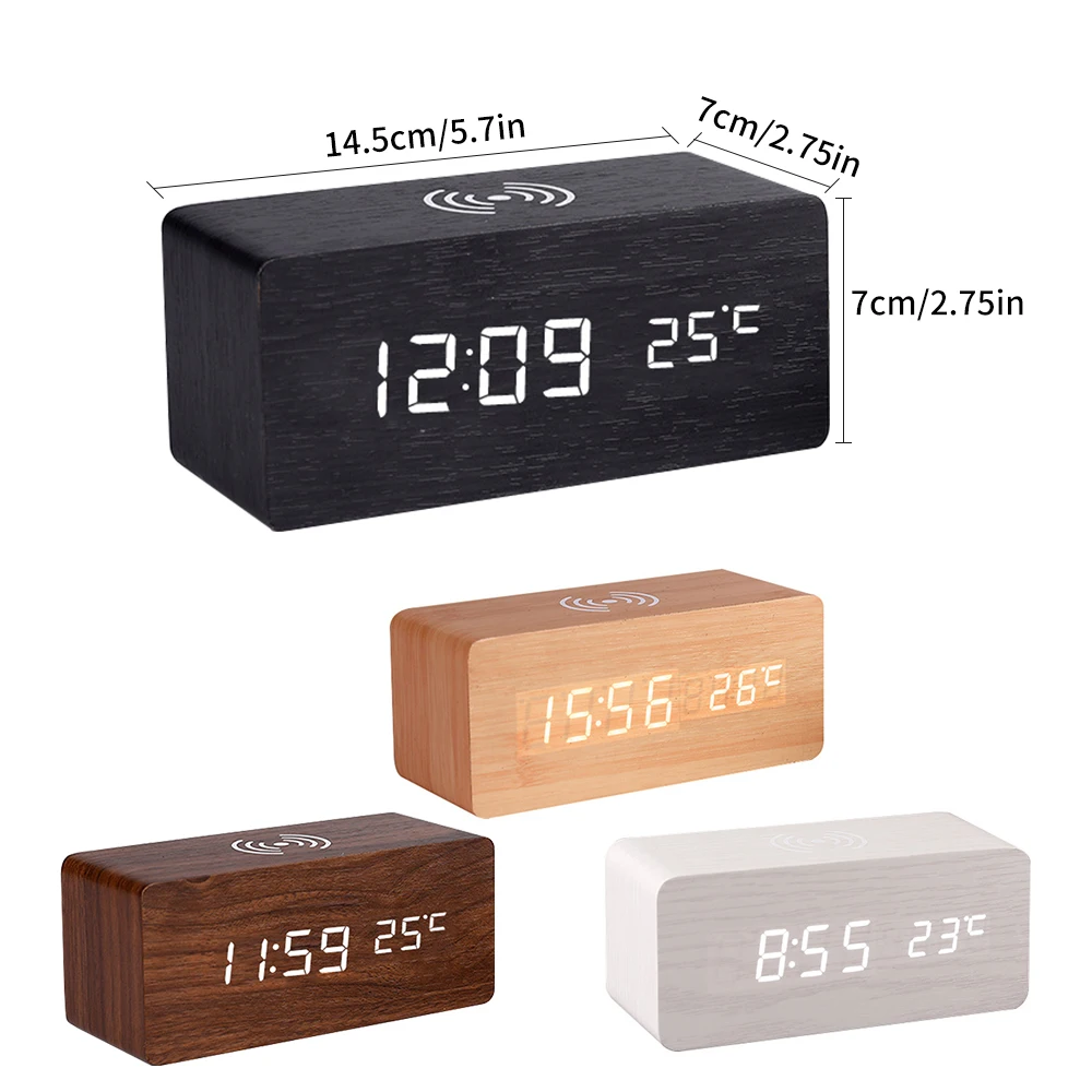 

Wooden Alarm Clock With Qi Wireless Charging Pad For Iphone Samsung HD Mirror Led Digital Clock Date Sound Control Home Decor