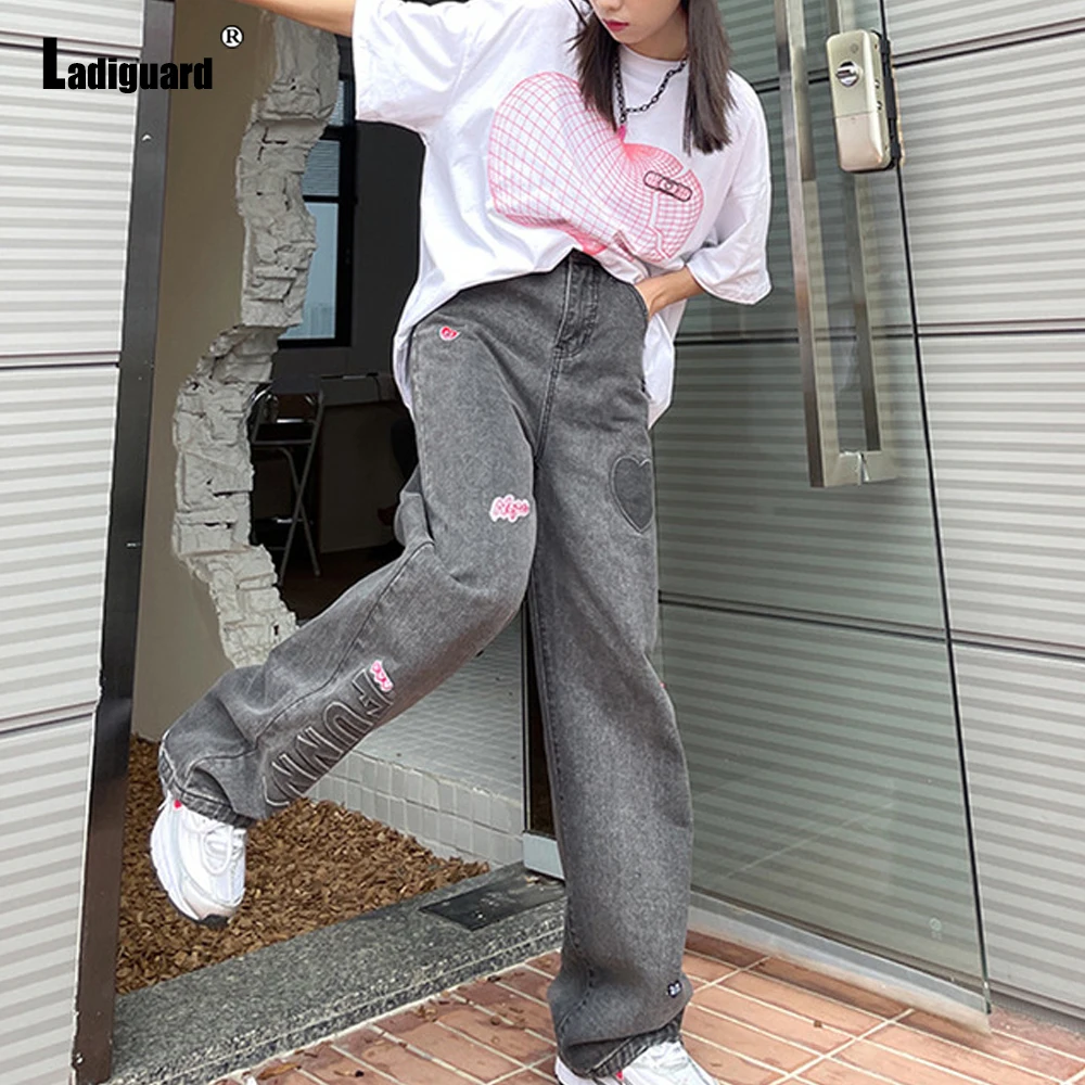Ladiguard Women High Cut Pants Girls Streetwear Sexy Loose Jeans Straight Leg Trouser Harajuku 2022 Spring New Fashion Pants