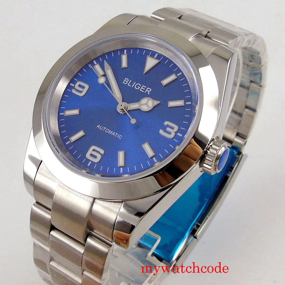 

Bliger 36mm Blue Dial Sapphire Crystal Luminous Marks MIYOTA 8215 Automatic Mens Watch Oyster Braclet Polished Bezel