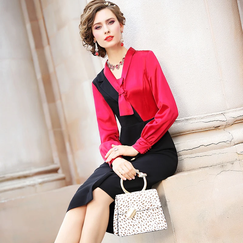 

Elegant Office Lady Pencil Dress Spring Designer Full Sleeve Bow Collar Color Block Irregular Robe Femme Party Vestido Woman