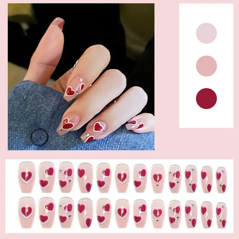 

Накладные ногти в форме красного сердца, 24 шт., пригодные для носки, накладные ногти для балерины, полное покрытие ногтей, инструмент для ман...