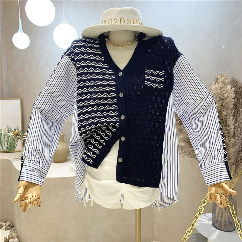 

NEW Niche Design Women's Clothing Summer 2021 Fashion Stripe Stitching Long Sleeve Knitted Cardigan Versatile Slim Shirt Top