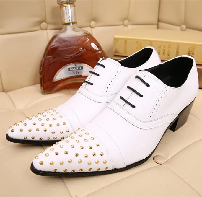 

Christia Bella White Pointed Toe Rivet Male Heighten Oxfords Shoes Party Genuine Leather Men's Brogue Shoes Man Lace Up Shoes