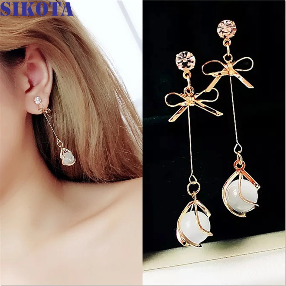 

S925 Silver Korean Fashion Needle Opal Temperament Personality Cold Wind Bowknot Ear Studs Long Style Trendy Earrings 2021 Trend