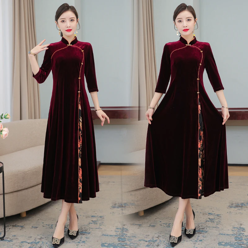 

COIGARSAM Women Dress Autumn 2021 Office Lady Cheongsam Vintage Long Sleeve Solid Stand Neck Wine Red Dresses Traf Robe Vestidos